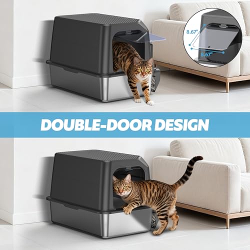 Image of WoofiGo Enclosed Stainless Steel Cat Litter Box with Lid, XL Extra Large Litter Box for Big Cats, Metal Litter Pan High Sided, Never Absorbs Odors, Anti-Urine Leakage, Include Scoop (Dark Grey)