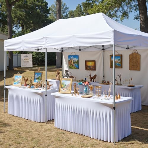 Image of 12 pk White Spandex Table Cloth Rectangle 8ft with Ruffle Skirt,Wrinkle Free High-Stretch Fitted Tablecloths for 8 Foot Rectangle Tables,Elastic Spandex Table Covers 8 ft for Parties Weddings Banquet