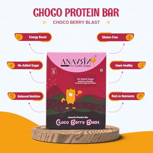Image of ANAVRIN Choco Berry Blast Protein Bar - 15g Protein, 2.5g Fibre in each Bar (6 Bars x 50gm) Goodness of Dates, No Added Sugar, No Soy, No Preservatives, Gluten Free High Protein Energy Bar, Healthy Snack