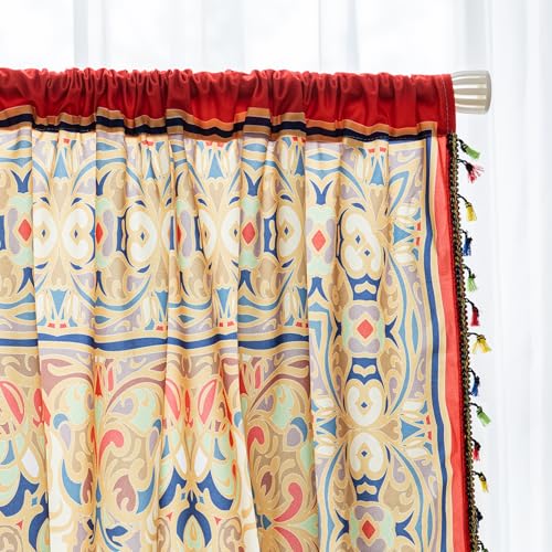 Image of Gold Medallion Curtains 72 Inches Long, Boho Farmhouse Light Filtering Rod Pocket Drapes with Tassel Trim for Bedroom Living Room, 2 Panels