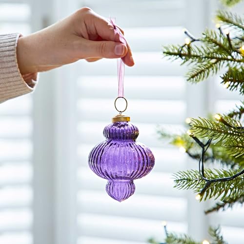 Coloured Recycled Glass Lantern Baubles - Fair Trade Holiday Décor - handmade Xmas Hanging Glass Ornaments - Christmas Tree Decoration (Purple)
