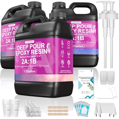 Puduo Deep Pour Epoxy Resin 1.5 Gallon Kit 2-4 inch Ultra-Clear Flowable Casting Resin Crystal-Clear Bubble-Free High-Temperature Resistant Epoxy Resin Ideal for Countertops River Tables Crafts