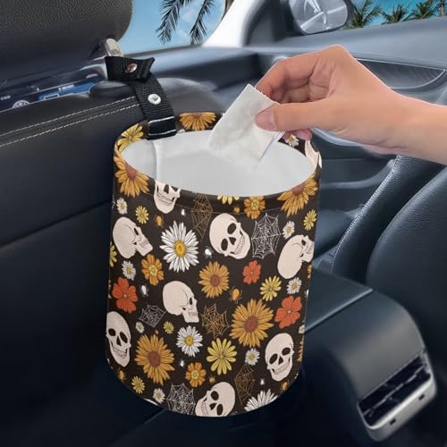 Image of Halloween Gothic Skull Car Trash Bag Portable Garbage Bin Hippie Daisy Retro for Car Front Seat, Back Seat, Floor, Easy to Clean Car Garbage Accessory Car Interior Decoration