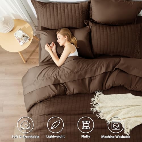 Image of HIMEET Full Size Comforter Sets - 7 Pieces Seersucker Bed in a Bag, Boho Bedding Sets for Bedroom Decor, All Season Home Essential Bed Set with Comforter, Sheets, Pillowcases & Shams, Brown