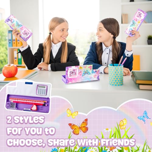 Image of Henoyso Multifunctional Pencil Box for Girls, Butterfly Pencil Case with Calculator and Sharpener, 2026 Back to School Supplies Organizer for Kids Teens Students, Elementary Classroom Gift