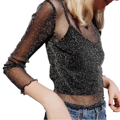 Blusa De Malla Transparente Con Lentejuelas Para Mujer, Blusa Negra Sexy De Malla Transparente, Camiseta Brillante De Tul, Ropa De Club, Camiseta De Fiesta, Atuendo Ajustado Para Club Nocturno, L