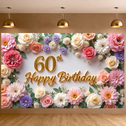 Flower 60th Birthday Banner Decorations for Women Pink Roses Floral Happy 60th Birthday Banner Backdrop Sign for 60 Years Old Anniversary Party Home Wall Outdoor Indoor Photo Booth Background Supplies
