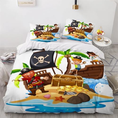 MEVASA Housse de Couette 140x200 Enfant Parure de Lit Navire Pirate Dessin Animé Mignon Housse de Couette Ado Garçon Fille 1 Personne Microfibre avec 2 Taies...