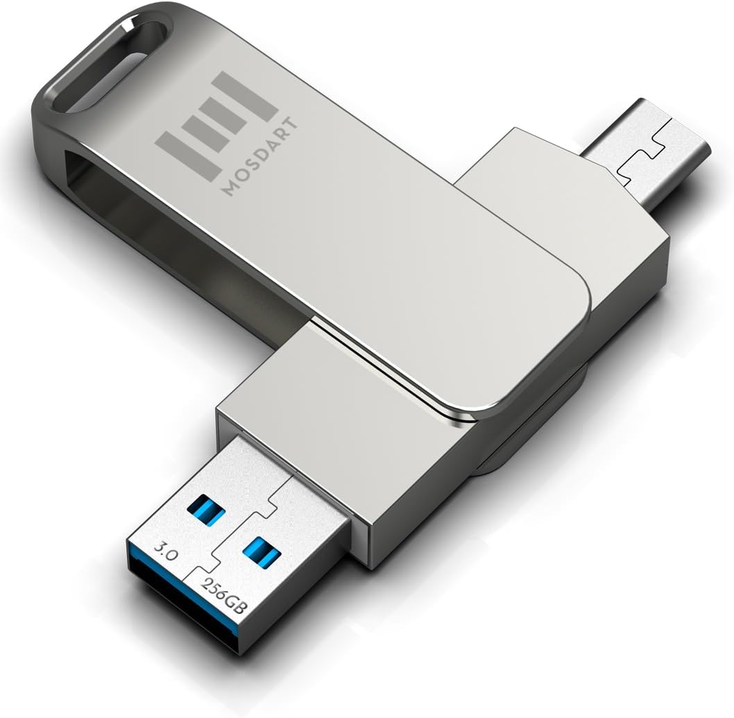 MOSDART 256GB USB C 3.2 Fast Speed C and A Dual Flash Drive, exFAT Memory Stick with Keychain Loop, for iPhone 15,16,17, Android Phone, iPad, MacBook, Silver