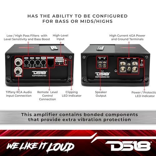 DS18 ION1200.1D Powerful and Compact Monoblock 1 Channel Amplifier Full Range 1200 Watts RMS @ 1-Ohm Class D - Micro Digital 1-Channel Car Amplifier - Remote Subwoofer Level Control Included - Image 4