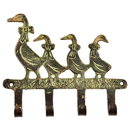 IndianShelf 1 Pack Key Holder Mother Baby Geese Vintage Brass Decorative Wall Hooks for Hanging Unique Coat Rack Wall Mount Antique Towel Hangers Antique