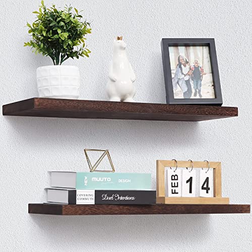 Image of Hamdan Collection Floating Shelves, 24 Inch Wall Shelf Set of 2, Rustic Wood Shelves for Wall Storage, Wall Mounted Wooden Display Shelf for Bathroom Bedroom-Rustic Brown