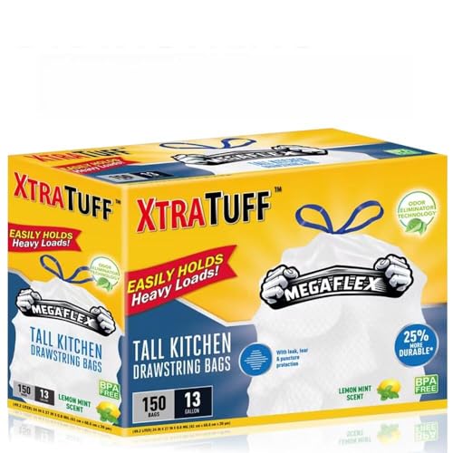 XtraTuff Tall Kitchen Drawstring Trash Bags 13 Gallon 150 Count Lemon Mint Scented MegaFlex Technology Leak and Puncture Resistant BPA Free