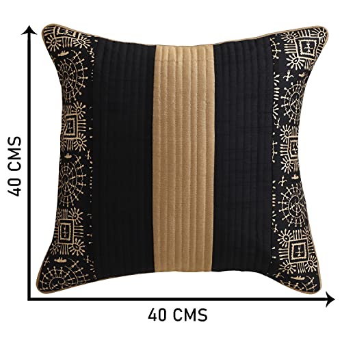 Image of Gifts Island Combo Silk Traditional Striped & Rajasthani Warli Golden Hand Printed Pillow Cushion Covers 16x16 inches Set of 5 & Round Pillow Bolster Covers Set of 2 16x32 inches (Black)