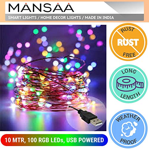 Image of MANSAA M6 USB LED String Light | 10 Meter 100 LEDs | Multicolor | USB Operated | Home Decor LED Light | Pack of 2