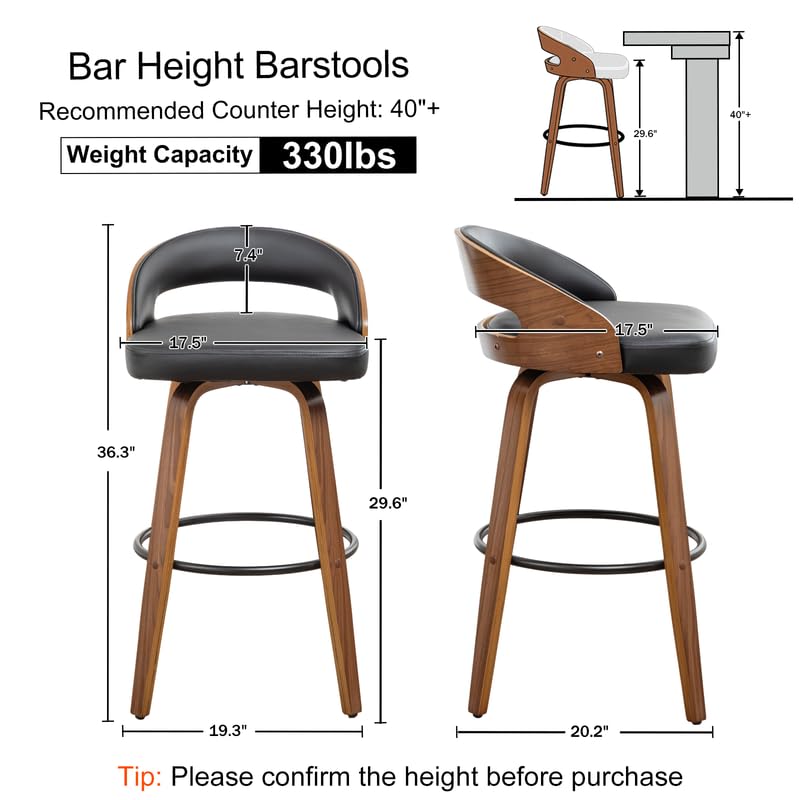 Set de 2 butacos giratorios de altura para barra, 30 pulgadas, con respaldo curvo de madera doblada y asientos tapizados, estilo moderno de mediados de siglo para cocina/barra en casa/café, color negro miniatura 2