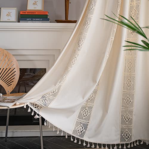 Image of Sutuo Home Boho Curtain Crochet Lace Patchwork Semi-Blackout Bohemian Handmade Tassels, Rod Pocket Window Treatment Vintage Rustic Farmhouse Drapes for Living Bedroom, 1 Panel 59" W x 72" L, Beige