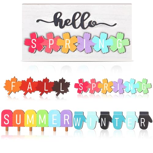 Roowest 5 Pcs Hello Spring Sign Interchangeable Seasonal Sign Summer Fall Tiered Tray Decor 59 x 3 Inch Wooden Gloves Decor 4 Seasons Farmhouse Table Centerpiece Decoration for HomeFresh