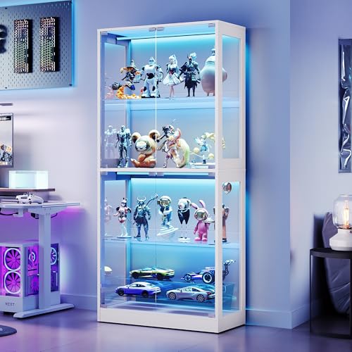 LUXOAK Vitrinenschrank aus Glas extra hoch 178 cm 4 Ebenen mit LED-Beleuchtung und APP-Steuerung verstellbare Glasböden Sammlervitrine für Figuren & Modelle Weiß