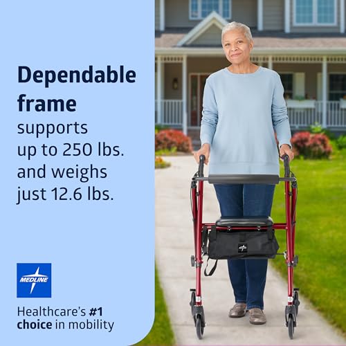 Red Lightweight Foldable Walker for Seniors - 250 lb Capacity