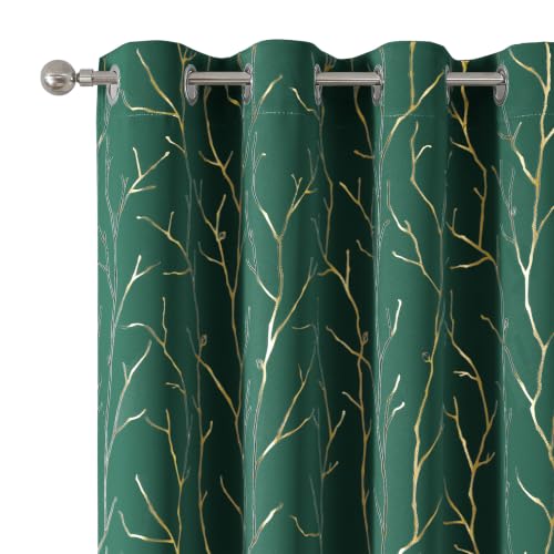 BUHUA Blackout Curtains 72 Inches Long, Gold Tree Print Pattern Room Darkening Curtain, Living Room Curtains & Drapes, Thermal Insulated Window Panel Set, 52 x 72 Inch, Emeralds