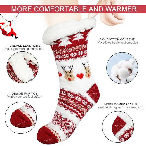 SULOLI Christmas Slipper Socks Women Girls Premium Soft Home Non-Slip Bootee Winter Wool Socks Extra Warm Thermal Knit With Pompoms Decoration for Ladies - Image 3