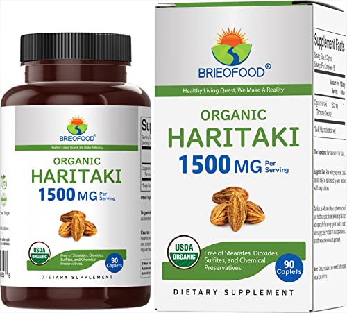 Brieofood Organic Haritaki 1500mg 45 Servings Vegetarian Gluten Free 90 Vegetarian Tablets