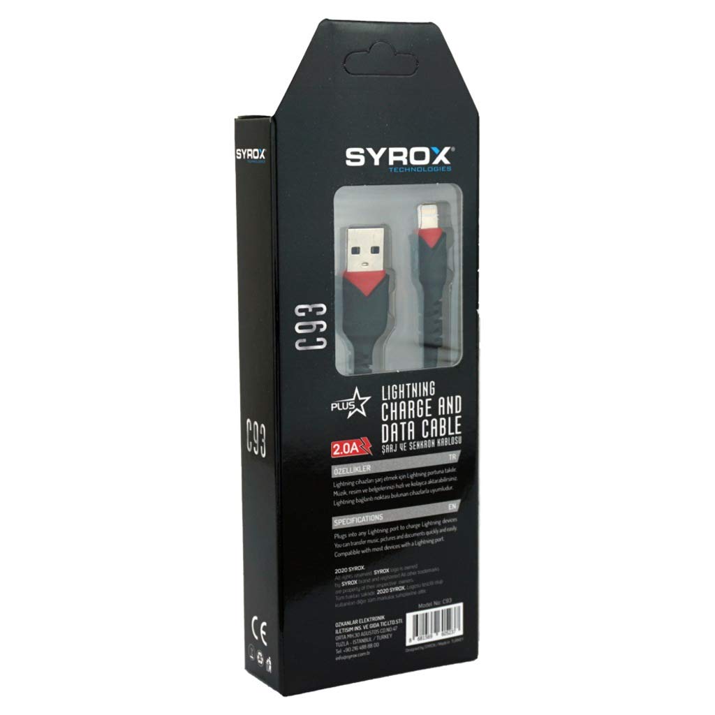 SYROX C93 2.0 MAH İPH 1 MT GÜL DESENLİ KABLO Araç Şarjı, Siyah