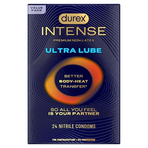Durex Intense Ultra Lube Non Latex Condoms, Ultra Thin Condoms Lubricated with Silicone Lube, Latex Free, Premium Nitrile, 24 Count