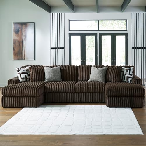 Image of Signature Design by Ashley Midnight-Madness Sectional, U-Shape 3-Piece Double Chaise, Plush Jumbo Corduroy Upholstery, Oversized Lounging for Family Movie Nights, 150 inch W, Chocolate Brown