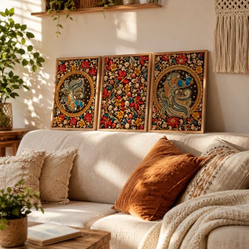 Image of Livin'luxe Set of 3 Abstract Peacock Flowers Wall Paintings for Living Room Bedroom Home Decor with Premium Wooden Color Synthetic Frame (25.5 x 19.5 Inch) NM03-72