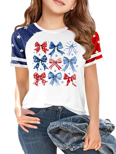 CAZYCHILD Girls 4th of July USA Shirt American Flag Patriotic T-Shirt Independence Day Outfit for Kids 5-14Years