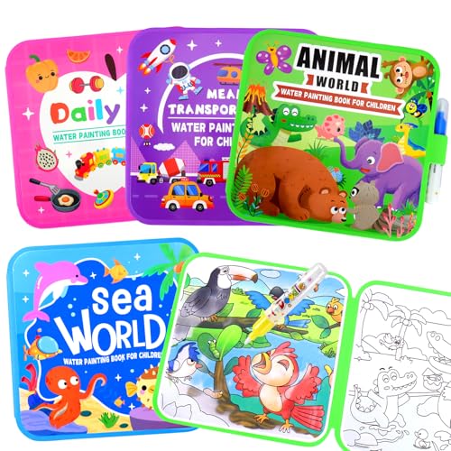 Vodolo Water Painting Book for Toddlers - 4 Pack Reusable Magic Water Coloring Book with 4 Water Pen Mess Free Painting for Toddlers No Mess Paint Coloring for Ages 3+ Travel Activity Toys