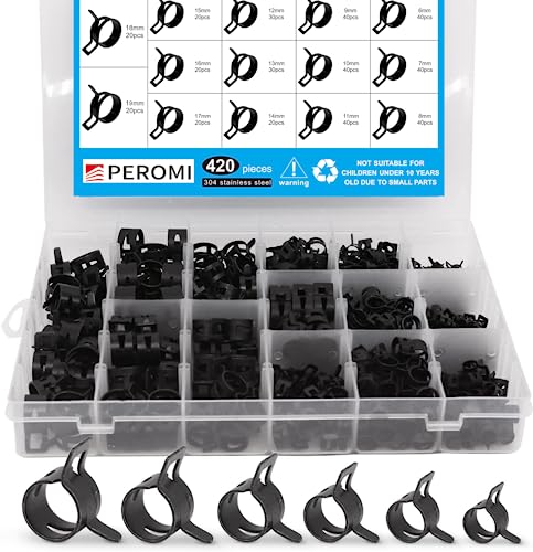 Peromi 14 Size 6-19Mm Spring Band Type Fuel Line Silicone Vacuum Hose Steel Pipe Clamp, Low Pressure Air Clip Clamp , Black, 420Pcs #TOP8