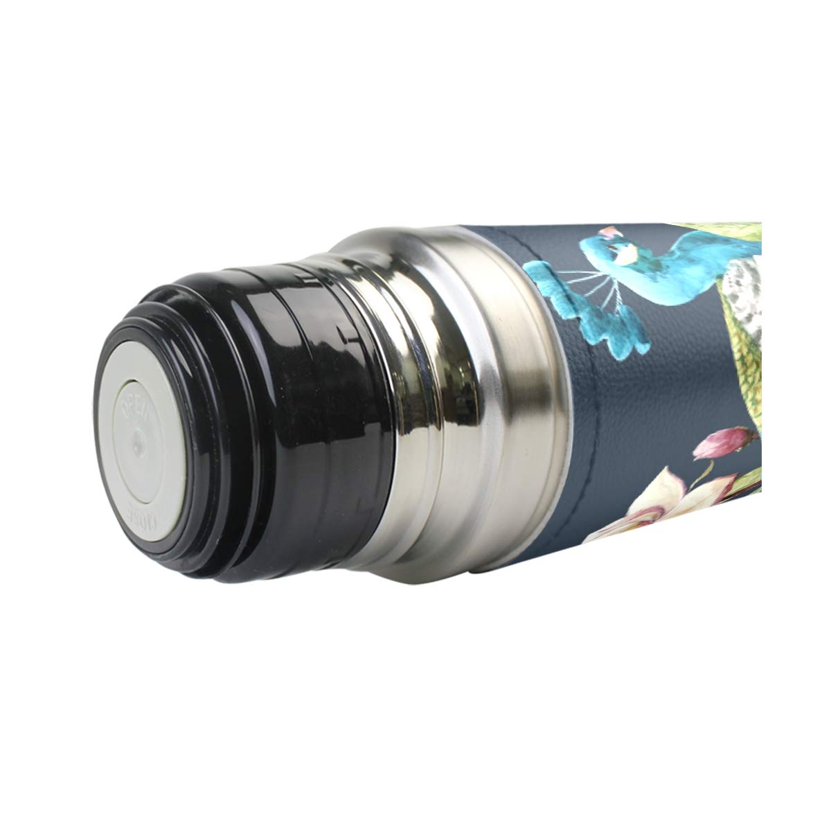 Taza de viaje aislada al vacío de acero inoxidable con doble pared a prueba de fugas, botella de agua de pavo real, estampado personalizado, termo envuelta en piel auténtica, 500 ml