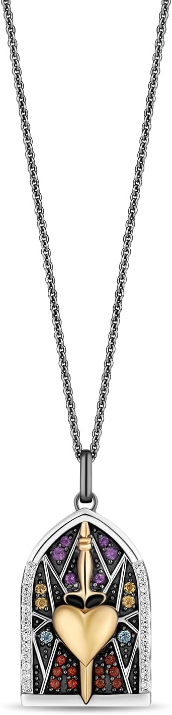 Jewelili Enchanted Disney Fine Jewelry Evil Queen Necklace for Women | 14K Yellow Gold & Black Rhodium over Sterling Silver | Multi Gemstones & 1/10 CTTW White Diamonds | Villain Inspired Jewelry