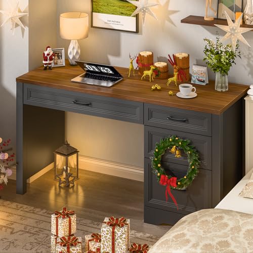 Image of Vabches Farmhouse Executive Desk with Storage and Ample File Drawer, Rustic Large Home Writing Desk for Bedroom, Dark Brown