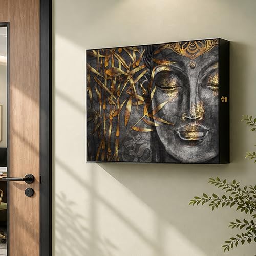 Image of Electric MCB Box Cover Frame With Hydraulic Decorative Painting Lord Gautam Buddha Painting Electrical Panel box Cover, Switch Box Frame Will Fit Max 10x14 inch Switch Board, Outer Size 13X17 Inch
