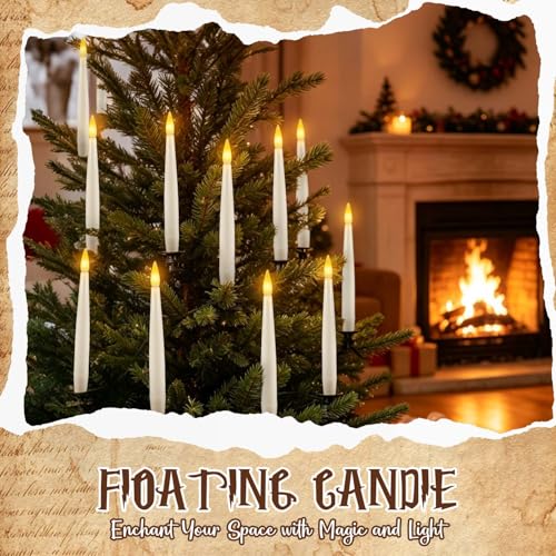 Image of Floating Candles with Magic Wand Remote, 12 Pack LED Taper Candles Flickering Warm Light, Hanging Candles with 12 Hooks, Fishing Line & Glue Dots, Halloween Christmas Decorations for Home Party