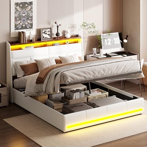 MOTUZP Cama Doble Tapizada de 140 x 200 cm con LED, Espacio de Al...
