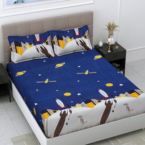 Image of Filymore Double Fitted Bedsheet with 2 Pillow Covers, Space Rocket Printed Bed Sheet for Double Bed, 240 TC Soft Microfiber Elastic Fitted Bedsheet, Mattress Size 72 x 72 Inch, Blue
