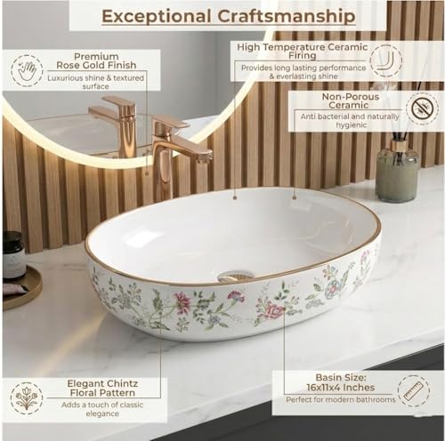 Image of BASSINO 21x14x6 Inches Ceramic Table Top Wash Basin /Designer Bathroom Sink /Luxury Countertop Vessel Basin /Oval Above Counter Basin /Wash Basin for Bathroom /Dining Hall(Glossy White Floral Print)