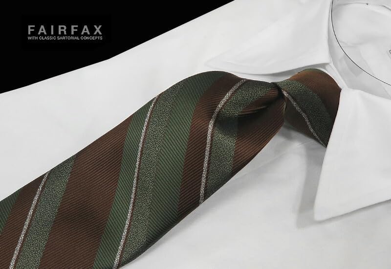 [フェアファクス] ネクタイ (オリーブグリーン&times;ブラウン&times;オフホワイトのストライプ柄ネクタイ) FAS-2002