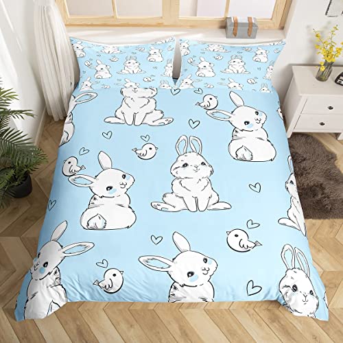 Kids Rabbit Bedding Set Cute Rabbit Heart Duvet Cover for Boys Girls Watercolor Cartoon Wild Animal Bed Cover Blue 3Pcs Double Size Boys