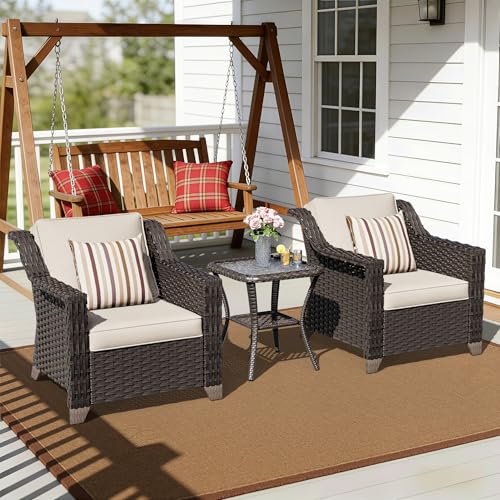 Image of 3 Piece Patio Furniture Set, Wicker Outdoor Conversation Set | Patio Chair Set with Olefin Removable Cushion, All-Weather Armchair Set with Deep Seat for Porch, Deck and Backyard, Beige