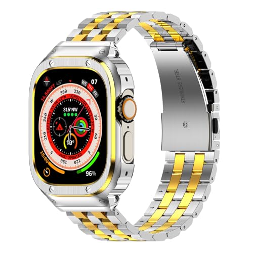 Bracelet Apple Watch métal 49mm avec coque iWatch Ultra argent et or rigide pour homme