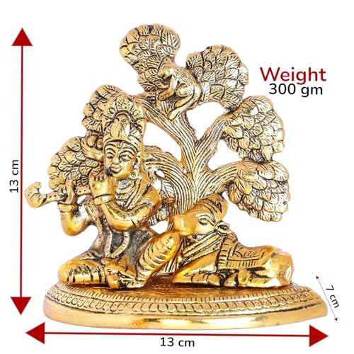 Image of KridayKraft Lord Krishna Metal Statue, Krishna Murti Playing Flute with Cow for Temple Pooja, Decor Your Home, Office & Gift Your Relatives, Showpiece Figurines, Religious Idol