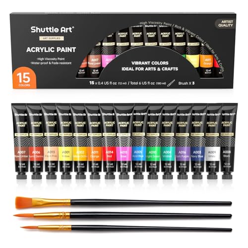 Shuttle Art Acrylic Paint Set, 15 x 12ml Tubes Artist Quality Non Toxic Rich Pigments Colors Perfect for Kids Adults Beginners Artists Painting on Canvas Wood Clay Fabric Ceramic Crafts