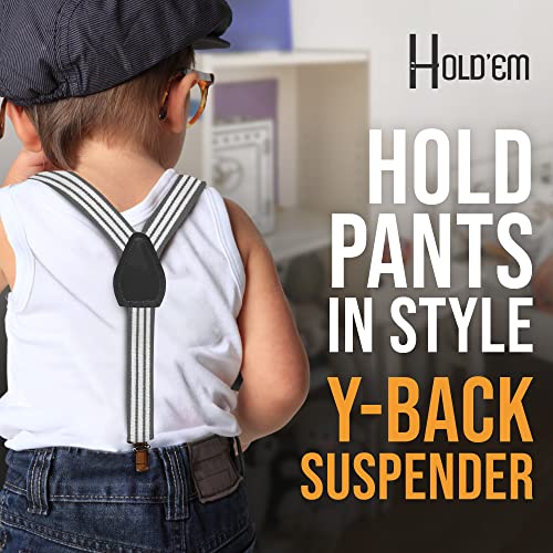 HOLD'EM Suspenders for Kids - 1 Inch Suspender Perfect for Tuxedo - Grey and White Striped - (22")