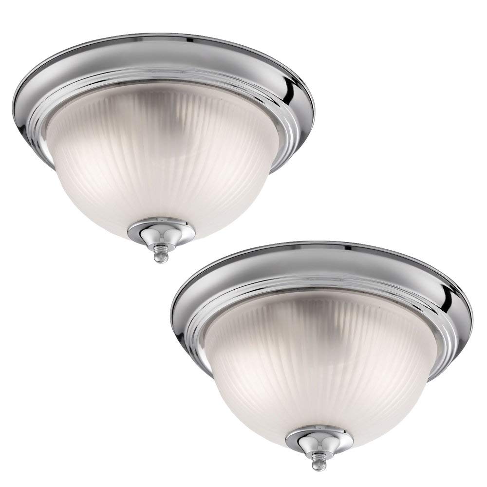 Britalia 2 Pack - Polished Chrome & Frosted Ribbed Glass Bathroom Vintage Round Flush Ceiling Light 290mm | 2 x E14 SES Lamp Bulbs Required (Not Included) | IP44 Rated | Suitable for Outdoor Use